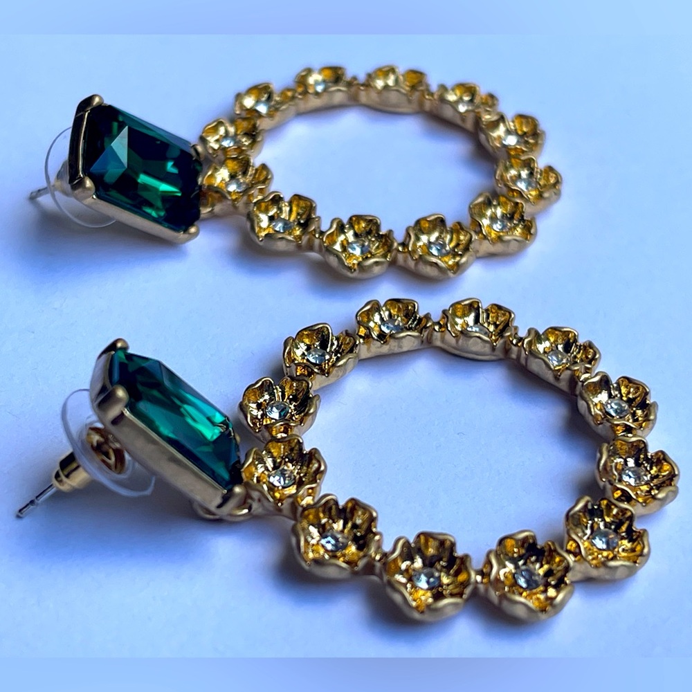 Oscar de La Renta Earrings emerald gold flowers floral Dangle drop hoops signed - Picture 6 of 14